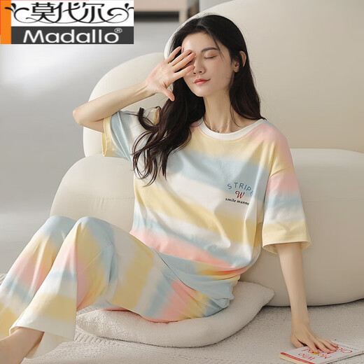 莫代尔睡衣女士夏季纯棉薄款可爱短袖长裤可外穿套装春秋宽松夏天家居服 花色 Y9711 M (建议75-95斤)
