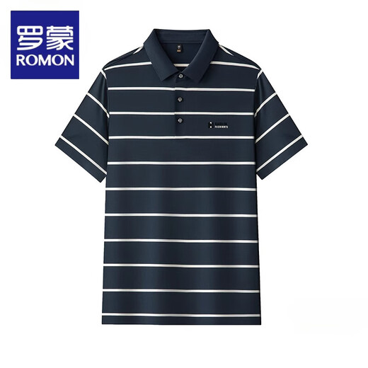 Romon (Romon) camiseta de manga corta de seda de seda de mulberry para el verano de los hombres, nuevos delgados polo de la solapa de rayas de mediana edad de mediana edad.