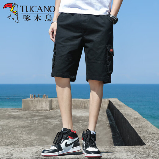 Woodpecker cargo shorts men's summer pure cotton men's outer wear loose pocket five-point medium pants casual sports large pants G19 black single pack 2XL (140-155Jin Jin equals 0.5 kg)