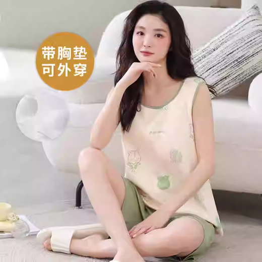 莫代尔背心睡衣女夏季大码自带胸垫一体棉夏天甜美无袖家居服可外穿套装 背心套装-【带胸垫】F9855 M 女 建议80-100斤