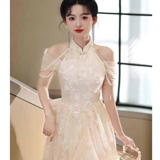 
Sheng Miaoci evening dress engagement new host banquet temperament high-end toast Chinese cheongsam champagne color L