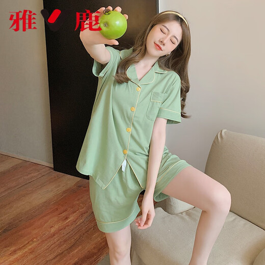 雅鹿夏天冰丝棉睡衣女短袖短裤套装学生宿舍可外穿时尚家居服网红 JEM-653绿色【亏本活动价】 2XL (适合135-155斤)