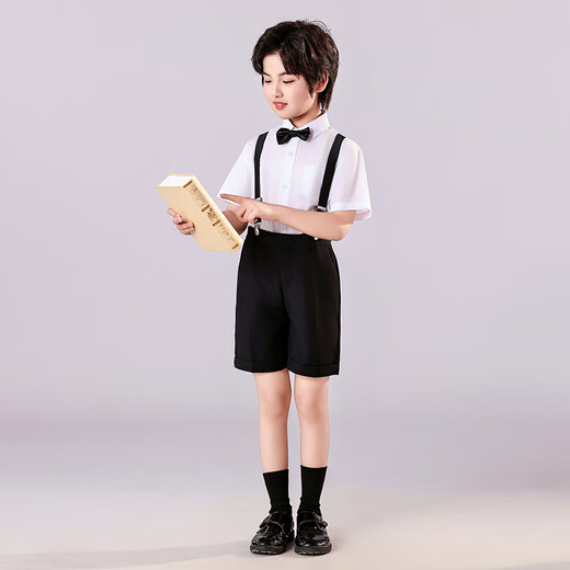 安妮优儿儿童礼服男童套装主持人演出服小男孩花童表演西装夏 黑色  150
