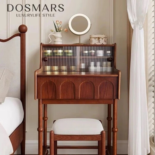 Zimu Yaju French Dressing Table French Medieval Retro Style Dressing Table Small Apartment Solid Wood Bedroom Bedside Makeup Design Dressing Table Ash Wood 80 Dressing Table + Stool