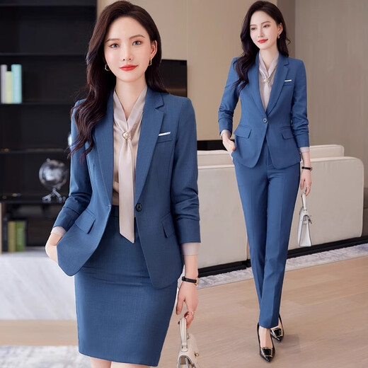 Yuanfeiya haze blue suit suit manager business suit women's long-sleeved suit hotel sales department 4S store white-collar formal suit single piece haze blue suit L