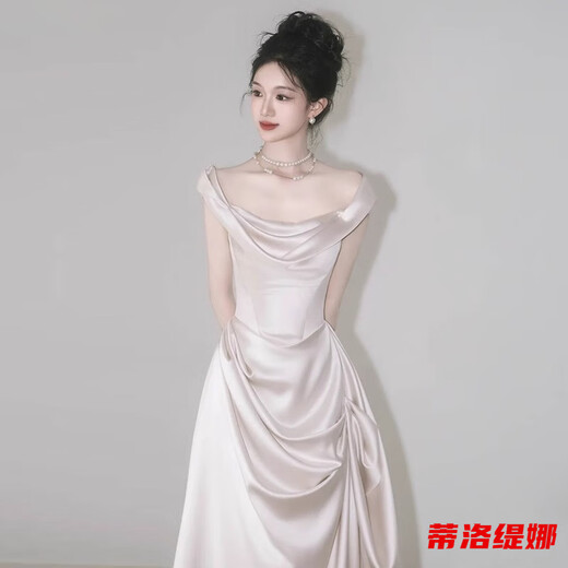 蒂洛缇娜缎面轻婚纱晚礼服女夏一字肩简约复古法式迎宾出门纱气质白色订婚 白色 M