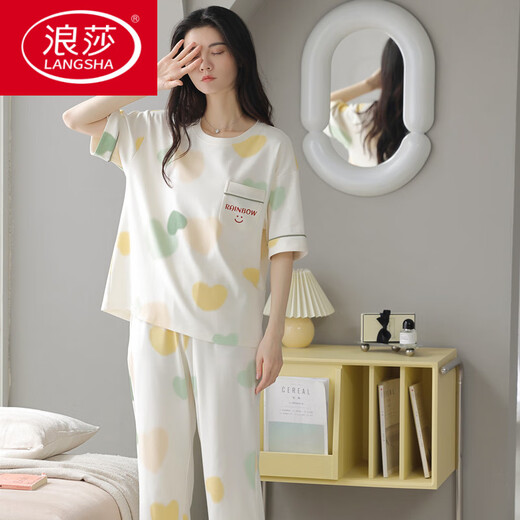 浪莎（LangSha）2025睡衣女士夏季纯棉短袖七分裤可外穿甜美休闲全棉家居服舒适时 607灰色条纹 黑白条纹9848 M 建议75-90斤穿