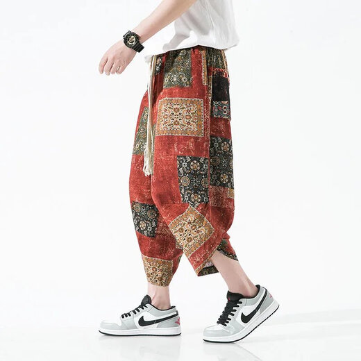 Wanjun Pantalon recadré pour hommes et ethnique chinois pantalons décontractés imprimés pantalons larges lâches