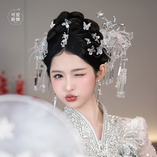Olevo white moonlight super fairy bridal headdress silver hydrogel flower feather smart Chinese style Xiuhe dragon and phoenix gown hair accessories Yinyu ancient style 8-piece set (ear clip style) HZ1120