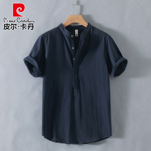 Pierre Cardin Henry collar linen short-sleeved shirt men's collarless men's cotton and linen shirt t-shirt top polo shirt summer China RC210 dark blue M