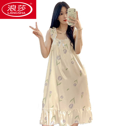 浪莎（LangSha）睡裙女夏季自带胸垫冰丝凉感吊带睡衣夏天女士甜美可爱家居服春秋 3888【不可拆胸垫】 M 【75-100斤】