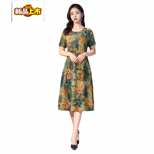 
First Trail (CHUJING) Dress for Women Summer Cotton Silk Mom Short Sleeve Middle-aged Women's Large Size Medium-Length Temperament Slim Floral Skirt No. 683-7 Color 2XL [100-115Jin [Jin equals 0.5 kg]]
