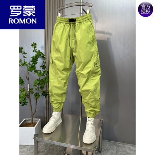 罗蒙（ROMON）2025夏季透气休闲运动裤男士青年时尚显瘦哈伦裤个性拼接工装裤子 荧光绿 S