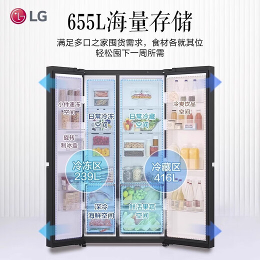 LG双开对开门655升玻璃门电冰箱 风冷无霜 净味养鲜 快速冷冻制冰 凝脂白S652GTW16B