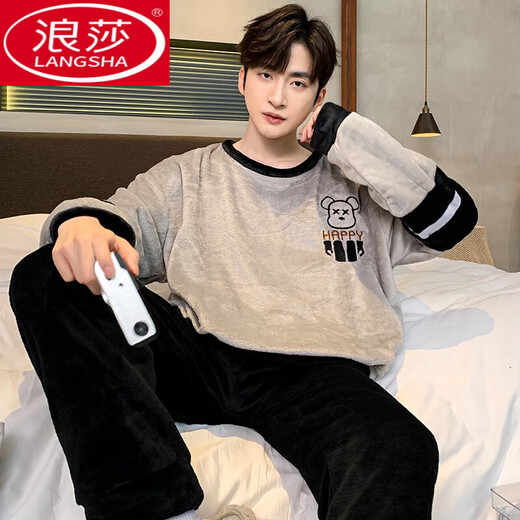 LangSha Coral Velvet Pajamas Men's Fall and Winter New Long Sleeve Thickened Casual Large Size Teen Home Suit Flannel Set 3882 Letter Feather 3XL