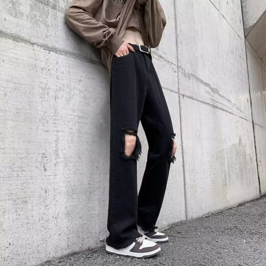 美式复古高街潮牌vibe牛仔裤男女春夏季破洞裤宽松直筒长裤子男 DFFS-723黑色 M