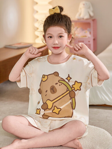 Vêtements à domicile des filles et pyjamas 2025 Nouveau produit kapibala pantalon pyjamas bébé enfant mignon costume fille pur coton n826 bambou jade guyea cochon 100 cm / 8 taille [hauteur 85-102cm]