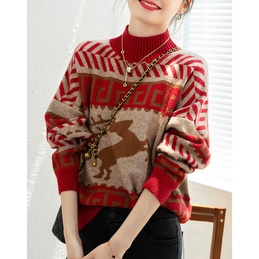 Demana Retro Filter Autumn and Winter Mellow Half Turtle Collar Contrast Color Sweater Hidden Body Good for Small People Knitted Sweater Tops