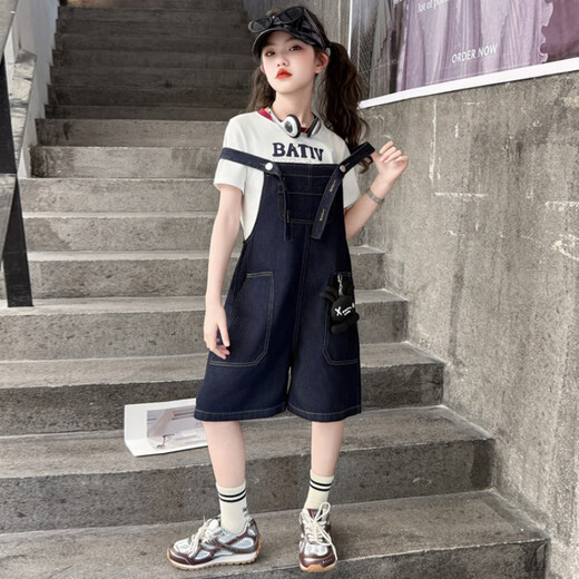 迪士尼女童夏装牛仔背带裤套装2025新款大童儿童夏季洋气时髦短裤两件套 背带裤加T恤 140 cm