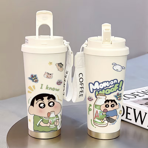 Crayon Shin-Shirt Water Cup Crayon Shin-Shirt Thermoshos Stroh große Kapazität Student Doppeldecke Mund Männer und Frauen tragen Wasser CKY679 SHIN-SHIRT + mit Lanyard 316 Edelstahl