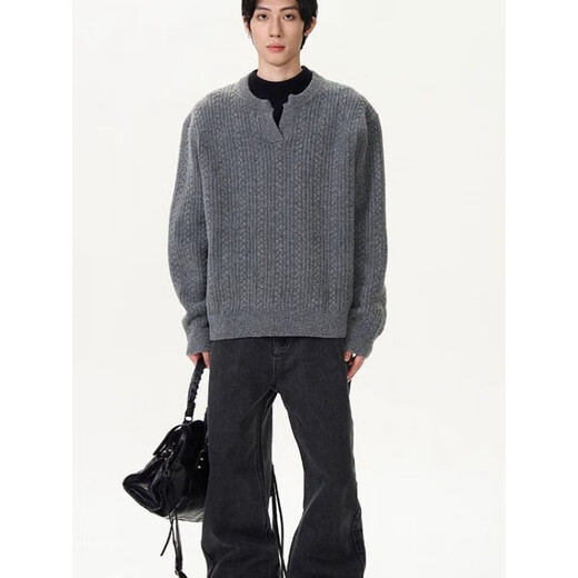 COLORFUL GEMS American retro twist sweater men's lazy Henry collar loose sweater gray L