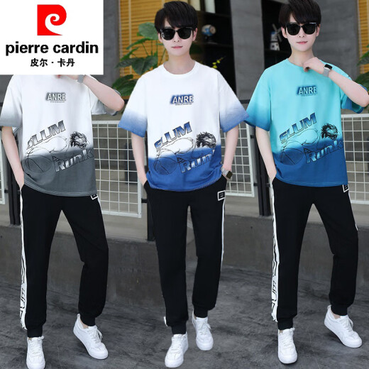 皮尔卡丹（pierre cardin）夏季青少年短袖t恤男孩衣服高中初中学生大童夏装帅气运动套装潮 白灰色 套装TZ9226款 S 【60-75斤】