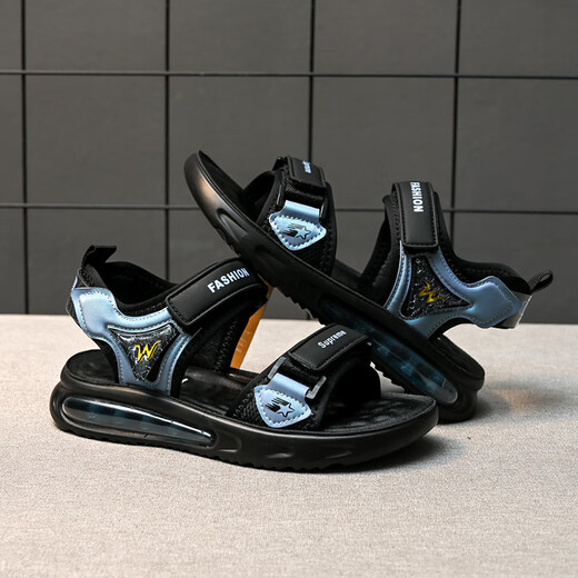 Wunderbare Sandalen für Jungen 2025 Neues Sommer Echtes Leder weicher Sohle Non-Slip-Kinderschuhe für Kinder im mittleren Alter und Schülern Strandschuhe 9928 Blau 34