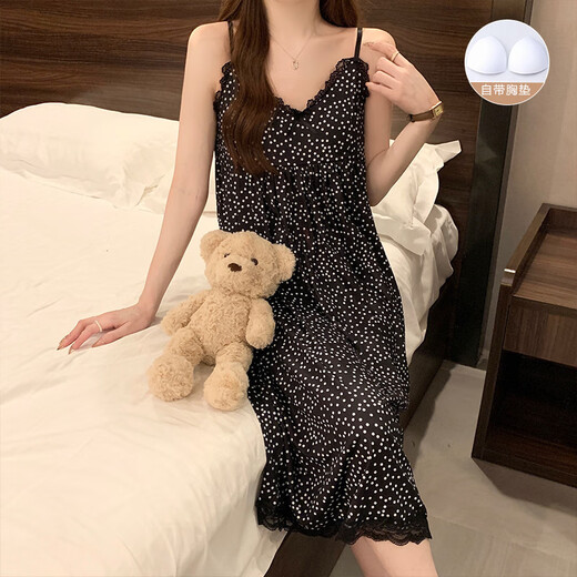 Single Nanwei nightgown with chest pad in summer sexy suspender retro lace feel can be worn outside pajamas for women's dresses home clothes 702# nightgown ink painting in Chinese style XL (115-130)
