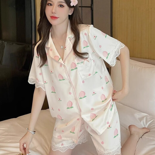 维多利亚的格调冰丝睡衣女夏季薄甜美蕾丝水蜜桃短袖长裤三件套可外穿家居服套装 水蜜桃【短袖+长裤】 9905 XL 【建议115-130斤】