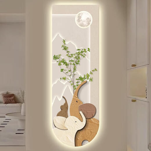 奥瀚定制一家四口大象玄关装饰画奶油风走廊过道挂画灯光高级感墙壁画 T12529 晶瓷防刮水晶面80*240建议1