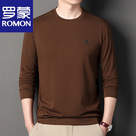 
ROMON high-end brand men's 100% pure cotton long-sleeved T-shirt 2025 round neck Jimo sweatshirt men's autumn anti-wrinkle base shirt 6625 gray XL 175 suggestions 130-155Jin [Jin equals 0.5 kg]