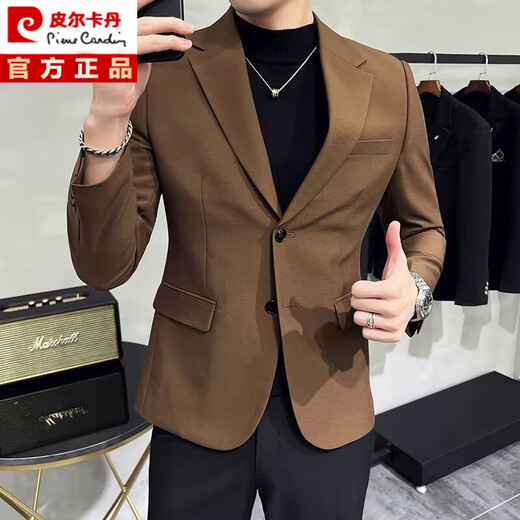 皮尔卡丹2025新款男士轻熟风西装外套棕色复古休闲西服修身高质感外搭上衣 棕色高质感西服 单件外套 XL 130-145斤