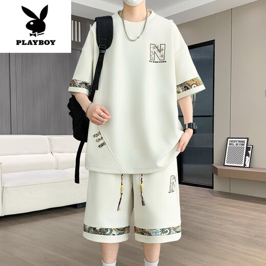 花花公子（PLAYBOY）2025年夏季新款中国风时尚休闲男士套装圆领短袖T恤短裤两件套潮 【短.袖套装】6195 米白色 L (建议115-130斤)