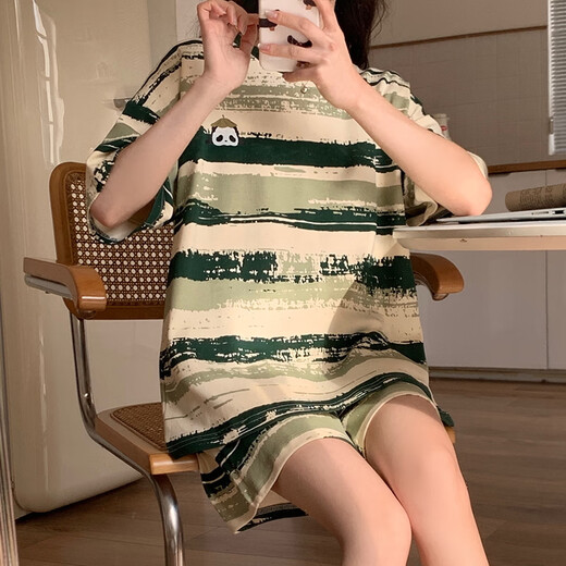 Fhhuabd-Pyjamas mit Brustpolster für Frauen 2024 Neue Sommer-Baumwoll-Kurzärmel-Shorts im Internet-Promi können Home Clothing-Anzug qgl-6627 m-Brustloser Pad [75-95jin [Jin gleich 0,5 kg]]]