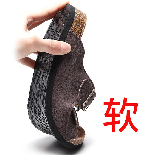 UETEEY软木拖鞋女夏外穿时尚百搭防滑情侣牛I皮一字拖鞋度假沙滩鞋15618 109米灰色 35