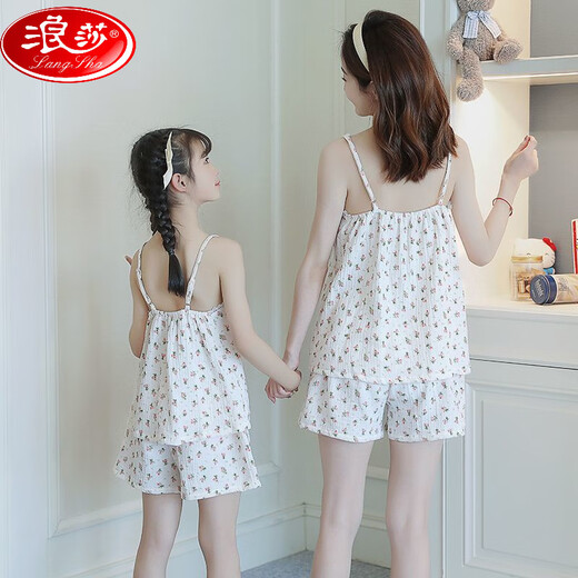 LangSha (LangSha) girls pajamas, parent-child mother-daughter suspender vest shorts suit summer thin cotton gauze big boy girl princess [pure cotton gauze] LD11304# blue cherry M [suggested height 150-160cm]