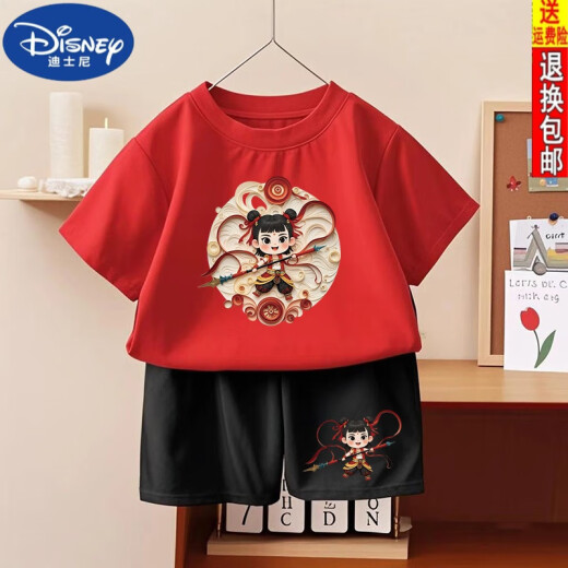 迪士尼（DISNEY）哪吒之魔童闹海男童女童纯棉短袖2025夏季新款儿童短裤套装两件套 1092#后包T酒红+小1098#黑短裤 90