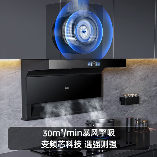 海尔（Haier）变频抽油烟机静音家用烟灶套装30立方大吸力厨房顶侧底双三吸燃气灶具二件套自清洁吸排烟机EC739 【单烟机】30立方变频 顶侧前三吸油烟机
