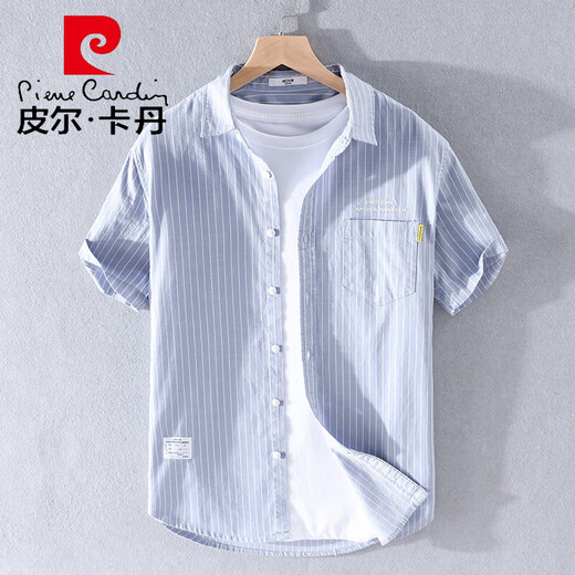 皮尔卡丹（pierre cardin）男士短袖衬衫日系刺绣条纹上衣夏季薄款时尚休闲百搭纯棉衬衣针织 9721款白色 M 100斤左右