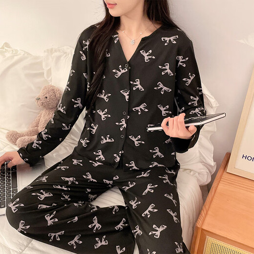 Ziwei Qifeng bow suspender pajamas for women with chest pad three-piece collar cardigan jacket long-sleeved home clothing set 13803 black three-piece set with chest pad 185 XXL recommendation 140-155