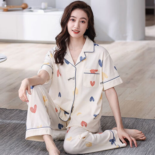 
LangSha 2025 new pajamas women's summer short-sleeved trousers lapel cardigan middle-aged mother's home clothes can be worn outside PDDQ9928 L [recommended 100-120 Jin [Jin equals 0.5 kg]]