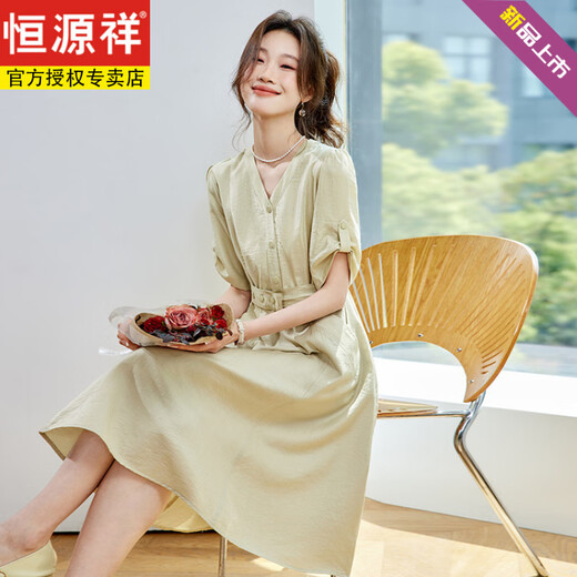恒源祥真丝桑蚕丝连衣裙女夏季2025年新款杭州大牌高端气质奢华妈妈裙子 绿色 2XL
