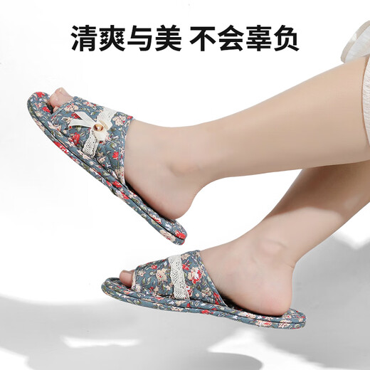 FOOTOPPO蝴蝶结蕾丝带布拖鞋女室内木地板静音家用棉拖鞋女士卧室软底拖鞋