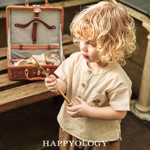 Happyology British children's new spring and summer round neck pocket embroidered boys' tops and girls' shirts with vine walnut branches - blue and gray (shorts) 110 (112cm)