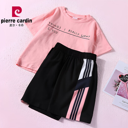 皮尔卡丹（pierre cardin）女童套装夏季薄款冰丝速干短裤宽松休闲中大童儿童运动t恤两件套 5597黑色短裤+723粉色T恤冰丝短 120 cm