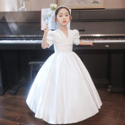 思妙星女童白色晚礼服花童婚礼公主裙儿童主持人钢琴演奏合唱指挥演出服 白色长款 120