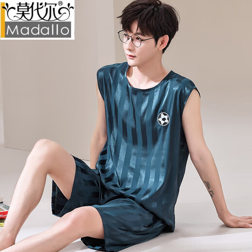 莫代尔新款男士睡衣男背心夏季无袖冰丝薄款青少年可外穿家居服运动套装 9901 L 100-120斤