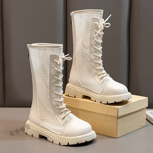 Directly happy children's boots for girls' summer new hollow high boots performance model show white Martin boots student boots black 30 inner length 18.5cm