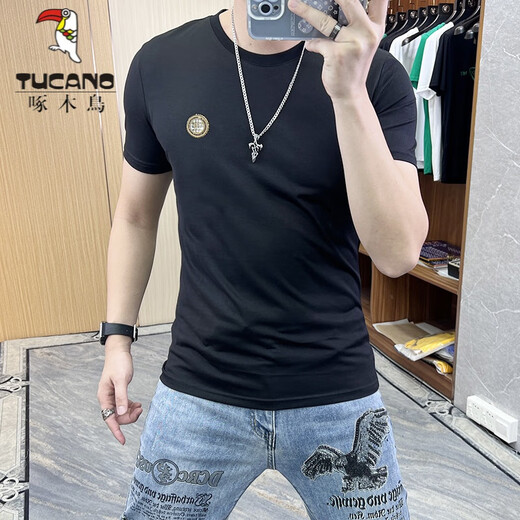 啄木鸟（TUCANO）t恤男士2025夏季新款短袖T恤男修身个性刺绣烫钻欧货丝光棉体恤男 724闪电R蓝绿色 L