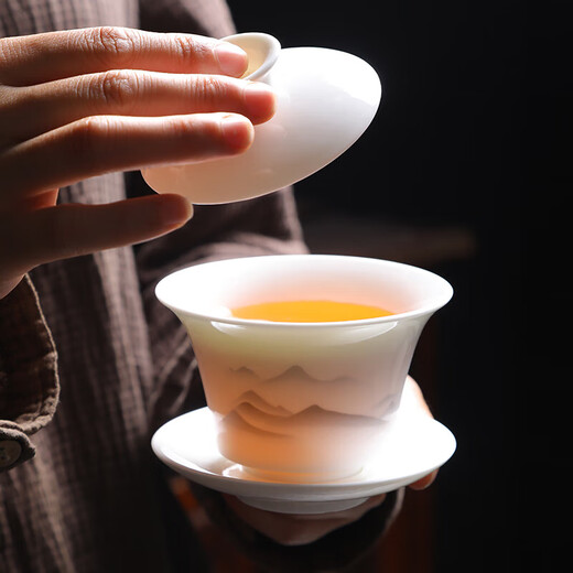 New mutton fat jade tea set set ink white porcelain gift teapot teacup home light luxury tea drinking ink tea bowl 10 heads with tea tray travel pack